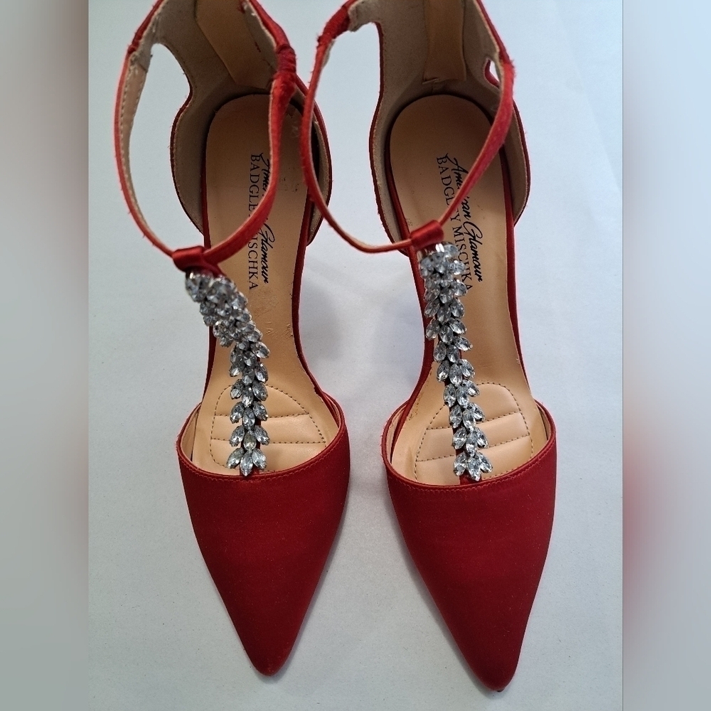 Badgley Mischka Red Satin Stilletto's With Jeweled Embellishments Size 7M